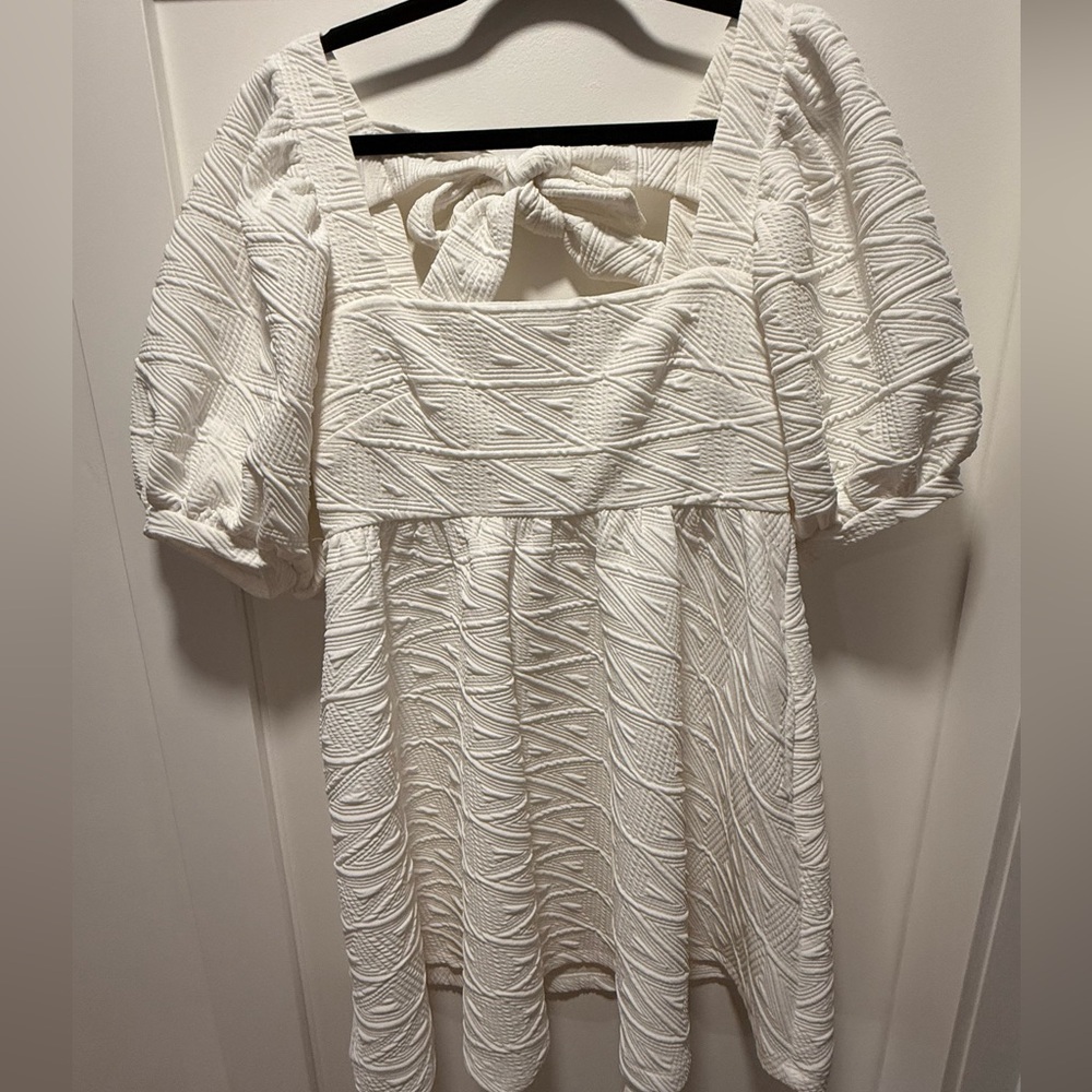 Free People White Textured Puff Sleeve Mini Dress